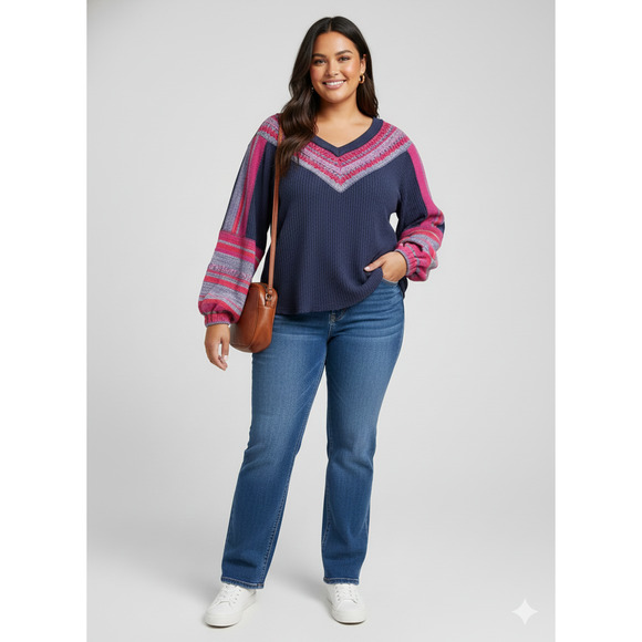 Free People Sweaters - Free People Copenhagen Thermal waffle Long Sleeve Top Navy Double V Neck Size L